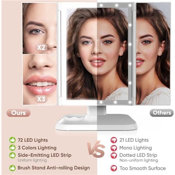 Makeup Mirror Vanity Mirror with Lights  3 Color Lighting Modes 72 LED Trifold - Picture 5 of 5